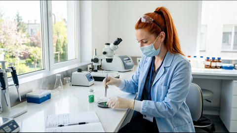 Female Microbiologist Analyzing Bacterial Culture in Laboratory