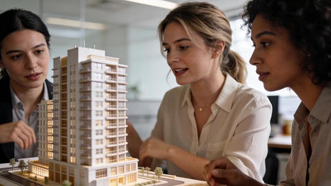 Female Architects Reviewing High-Rise Residential Building Model