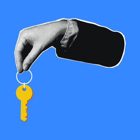Halftone Business Hand Holding Key Ring Blue Illustration