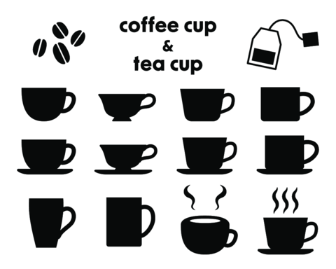 Simple coffee cup and tea cup icons. Monochrome design assets suitable for items such as cafe menus