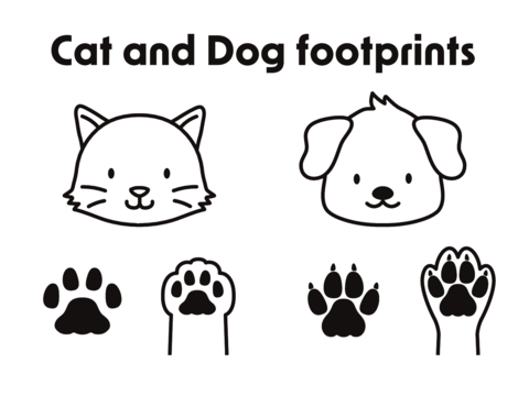 Illustrations of cute cat and dog paws and hands. Simple monochrome icons