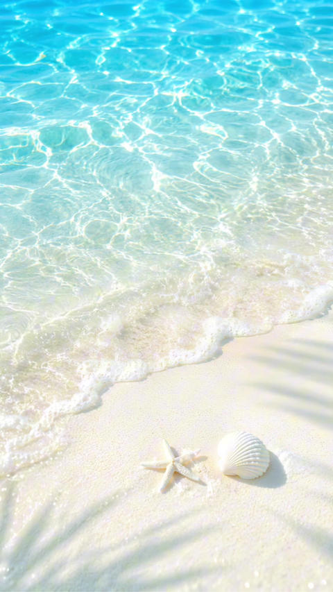 Vertical top-down view of pristine white sandy beach. Clear waves and sunlight caustic patterns