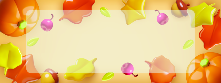 3d Autumn background with glass text box, red leaves, pumpkins, acorns and