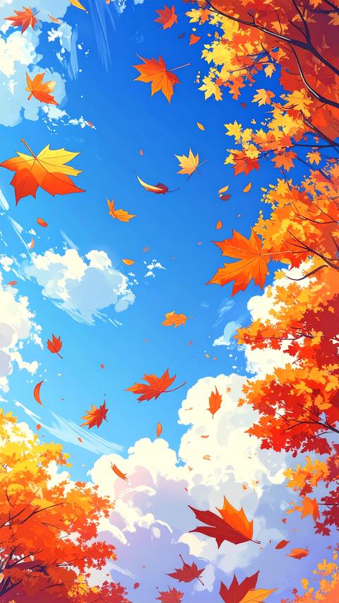 Portrait orientation; illustration of autumn foliage glowing in sunlight; generative AI asset
