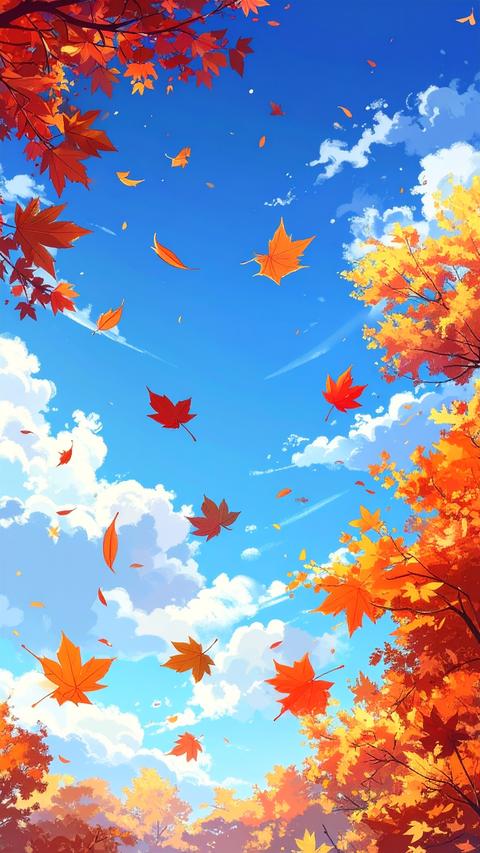 Portrait orientation; illustration of autumn foliage glowing in sunlight; generative AI asset