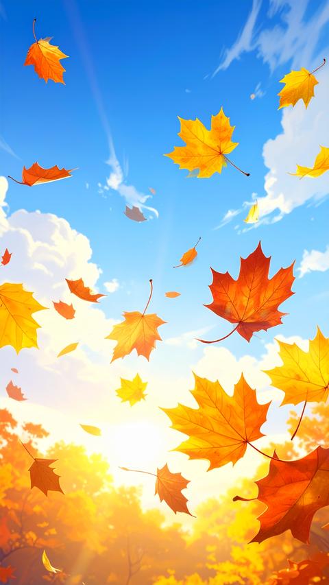 Portrait orientation; illustration of autumn foliage glowing in sunlight; generative AI asset