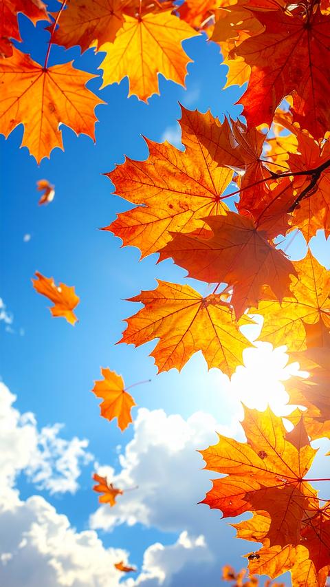 Portrait orientation, photo of autumn foliage glowing in sunlight, generative AI asset