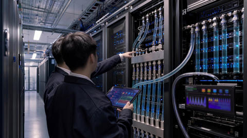 Ai data center liquid cooling server maintenance 4k60p