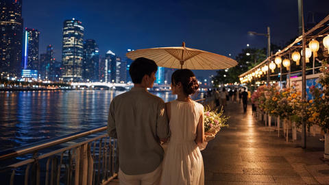 Asian qixi valentines day romantic city night 4k60p