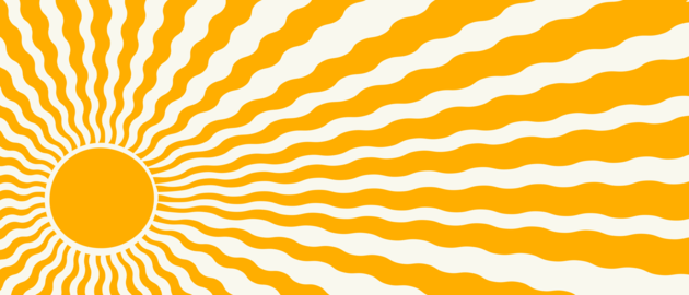 Retro psychedelic sunshine illustrations with wavy rays and geometric shapes