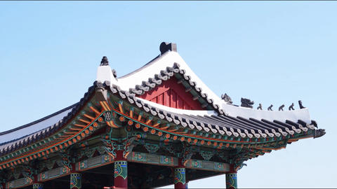 Traditional Korean Hanok roof with colorful dancheong
