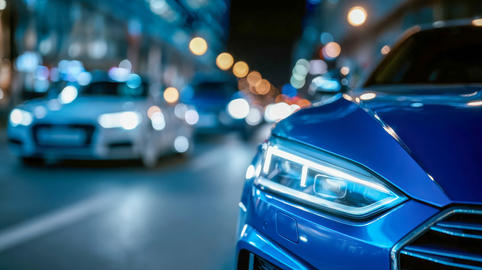 Close-up of a blue car headlight in a dealership showroom, with bright bokeh lights, luxury automoti