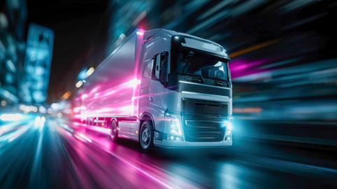 Autonomous white cargo truck speeding through a futuristic tunnel, smart logistics, delivery technol