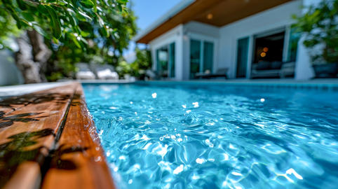 Luxury modern villa with blue swimming pool and garden deck, sunny outdoor architecture, real estate