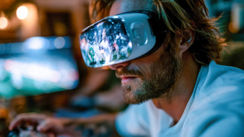 Man wearing VR goggles and holding a game controller, enjoying immersive virtual reality entertainme