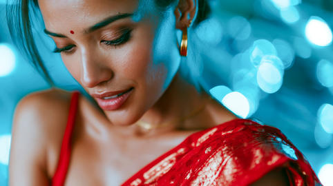 Elegant woman in a red saree smiling at night with glowing bokeh lights, representing culture, beaut
