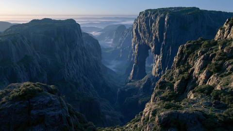 Mountain gate in an ancient valley surrounded by clouds.04