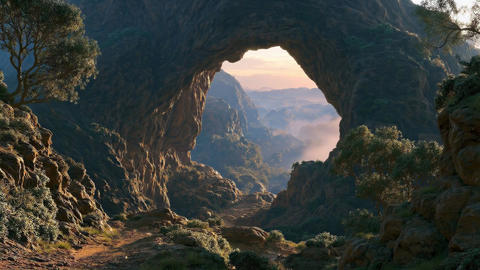 Mountain gate in an ancient valley surrounded by clouds.03