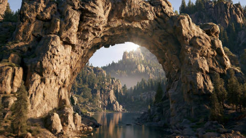 Mountain gate in an ancient valley surrounded by clouds
