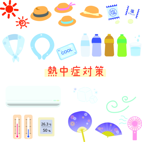 Illustration set of heatstroke prevention and heat relief items