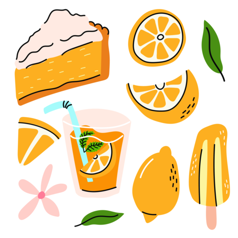 Hand Drawn Lemon Dessert and Drinks Set with Pie and Lemonade
