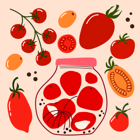 Fresh Tomato Harvest Set with Pickled Tomatoes in Glass Jar