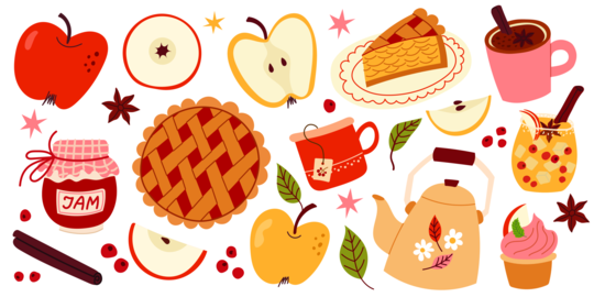 Autumn Apple Harvest Set with Cozy Drinks Pie and Jam Illustration