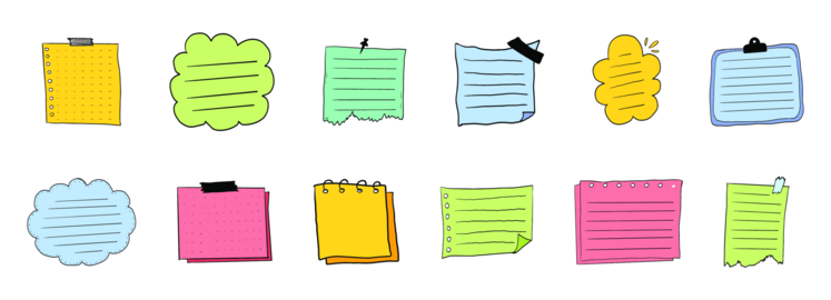 Memo sticky notes, set paper reminder. Doodle pages with tape, marks, pin