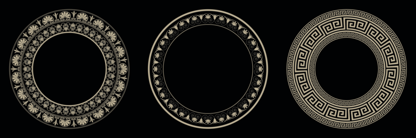 Greek gold round frames on black background. Vector set of borders for design. Pattern of Greece