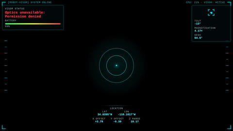 Robot visor overlay and drone POV with crosshair, telemetry and GPS coordinates