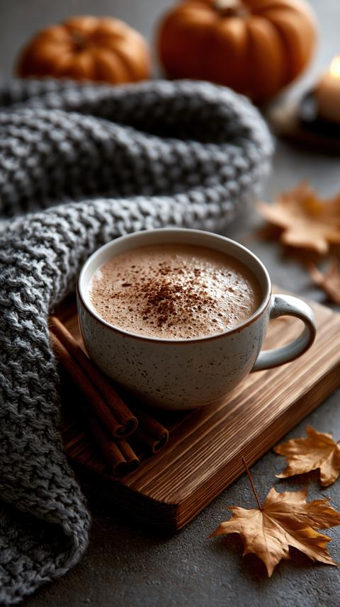 Cozy autumn flat lay pumpkins knitted blanket hot coffee fall
