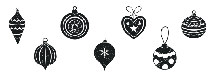 Linocut winter set, silhouette holiday festive baubles with ornament lines, dots