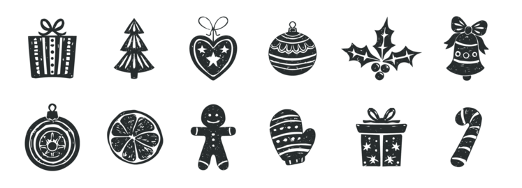 Linocut winter set, silhouette holiday baubles, festive gift boxes, snowflakes