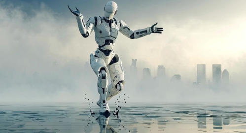 Futuristic robot breakdancing in a foggy cityscape