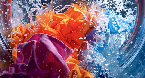 Colorful laundry spinning and washing inside a machine drum