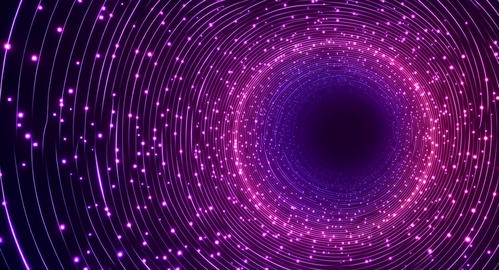 Glowing neon particles flying through hyperspace tunnel