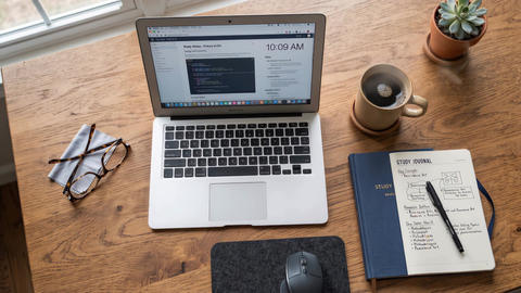 Study Desk Laptop Coffee Notebook Student Workspace Top View