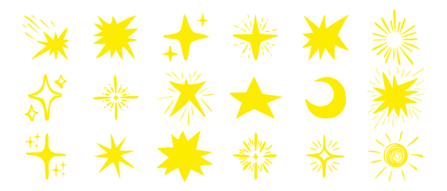 Hand-drawn star icons with sparkling effects and magic glitter. Sketch-style