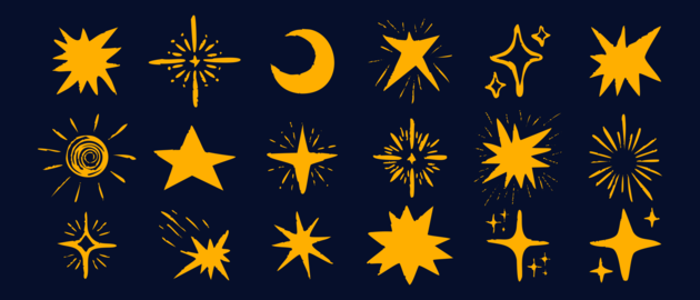 Sparkling hand-drawn star sketches with glitter and shine effects. Line art