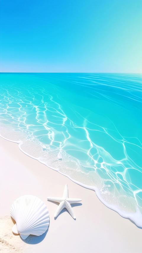 Vertical top-down view of a pristine white sandy beach with starfish and seashells. Clear waves