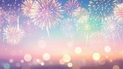 Dreamy pastel-colored fireworks exploding in night sky. CG animation for festive and celebration