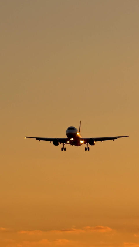 Airplane landing silhouette orange sunset sky aviation travel evening flight aircraft