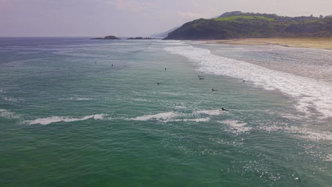 Aerial view of surfers and sandy beach coastline