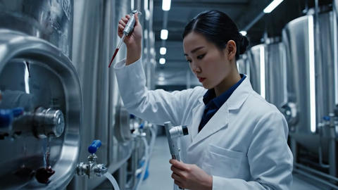 Woman Monitoring Wine Fermentation Process in a Winery Factory