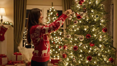 Couple sharing a loving hug while decorating a Christmas tree