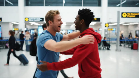 Friends, reunion and happy with hug, men with excitement and celebration for travel arrival