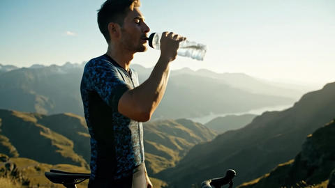 Cyclist, tired and success on mountain top for fitness goal, man drinking water for freedom and work