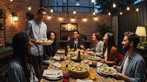 Man serving food to friends at a lively dinner party in slow motion