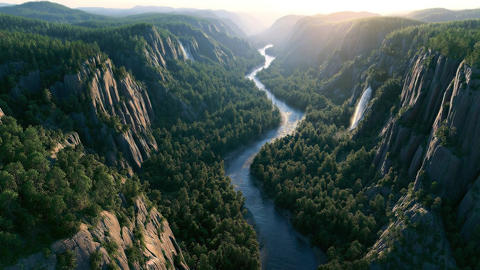 Bird's eye view of the river and ancient mountain valley.02