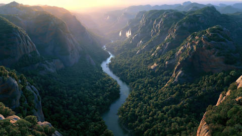 Bird's eye view of the river and ancient mountain valley.05